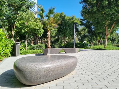 concrete bench, concrete litter bin